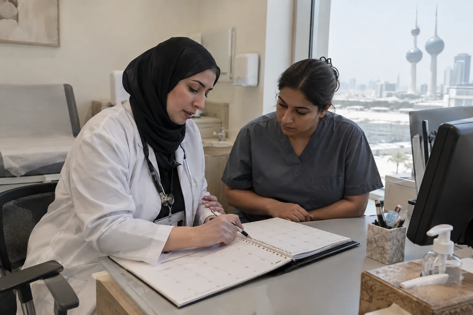مراجعة جدول مواعيد داخل عيادة في الكويت